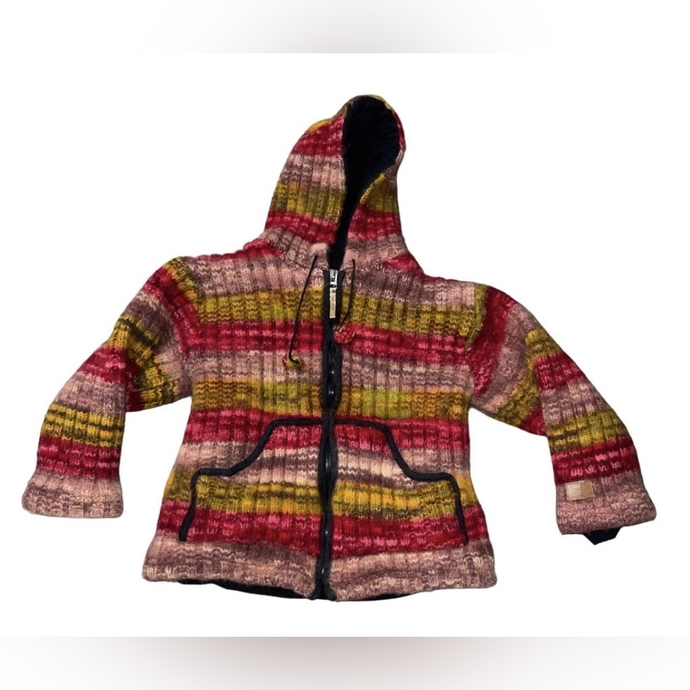 Kyber Outerwear Nepal Women's Lined Heavy Wool Knit Sweater Stripe Jacket hood M
